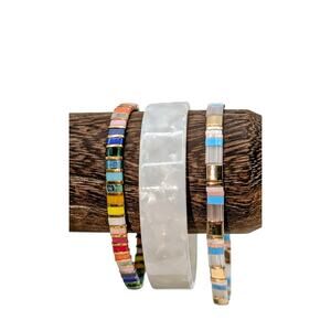 Lot of Two Flat Beaded Stretch Bangle Bracelets & One Acrylic Cuff Bracelet